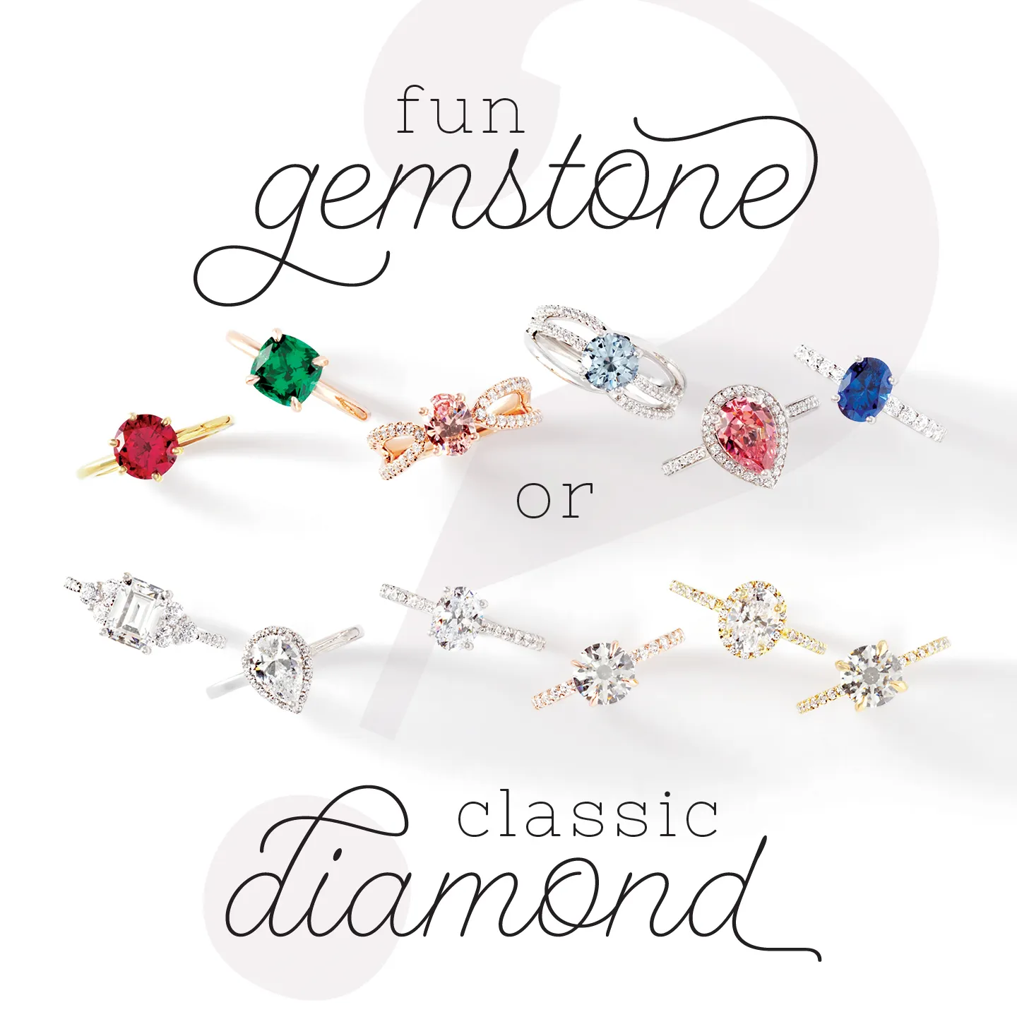 Gemstone and diamond rings displayed with text 