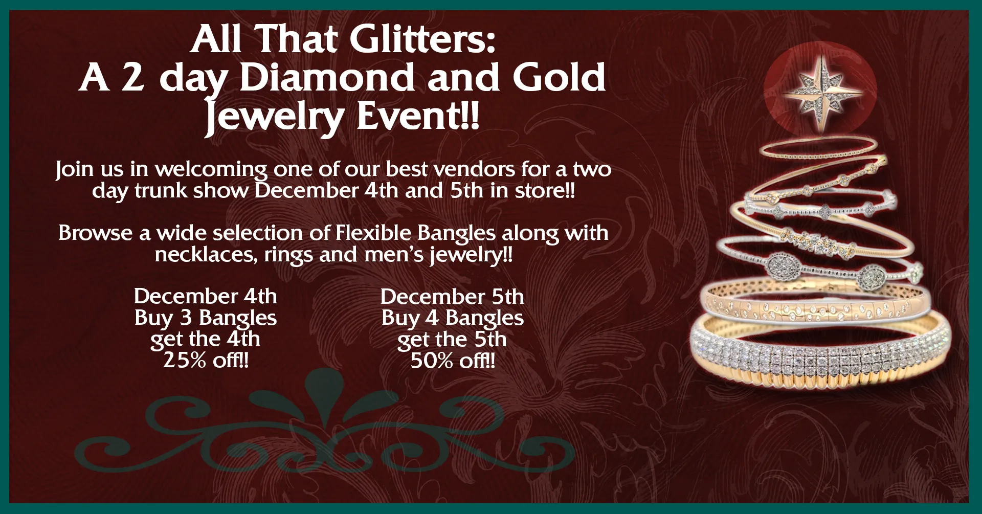 A jewelry event poster featuring diamond and gold bangles arranged in a spiral with event details.