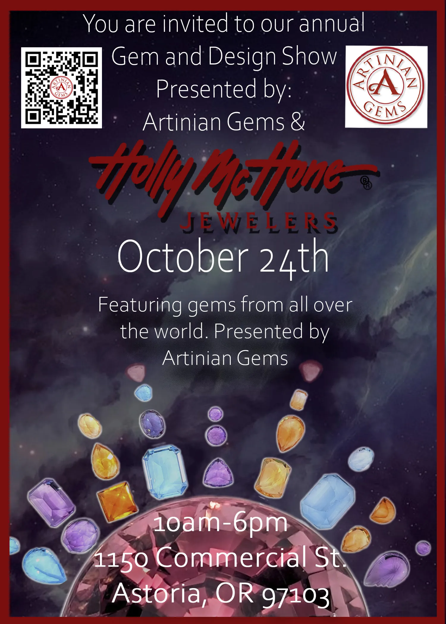 Invitation to Gem and Design Show with colorful gems, logos, and event details for October 24th in Astoria, OR.