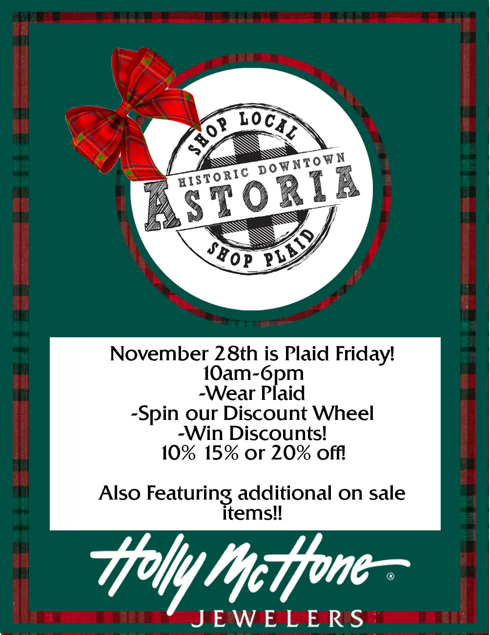 Join Holly McHone Jewelers on November 28 for Plaid Friday! Spin to win discounts. Click for details: hollymchone.com/plaid-frid