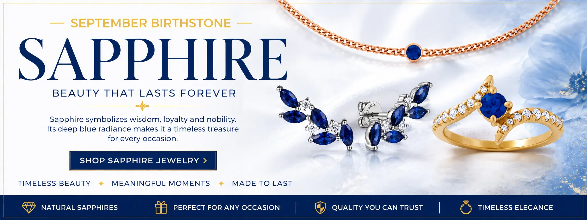 September Birthstone Sapphire Ring Earrings Necklace Hopman Jewelers Elkhart