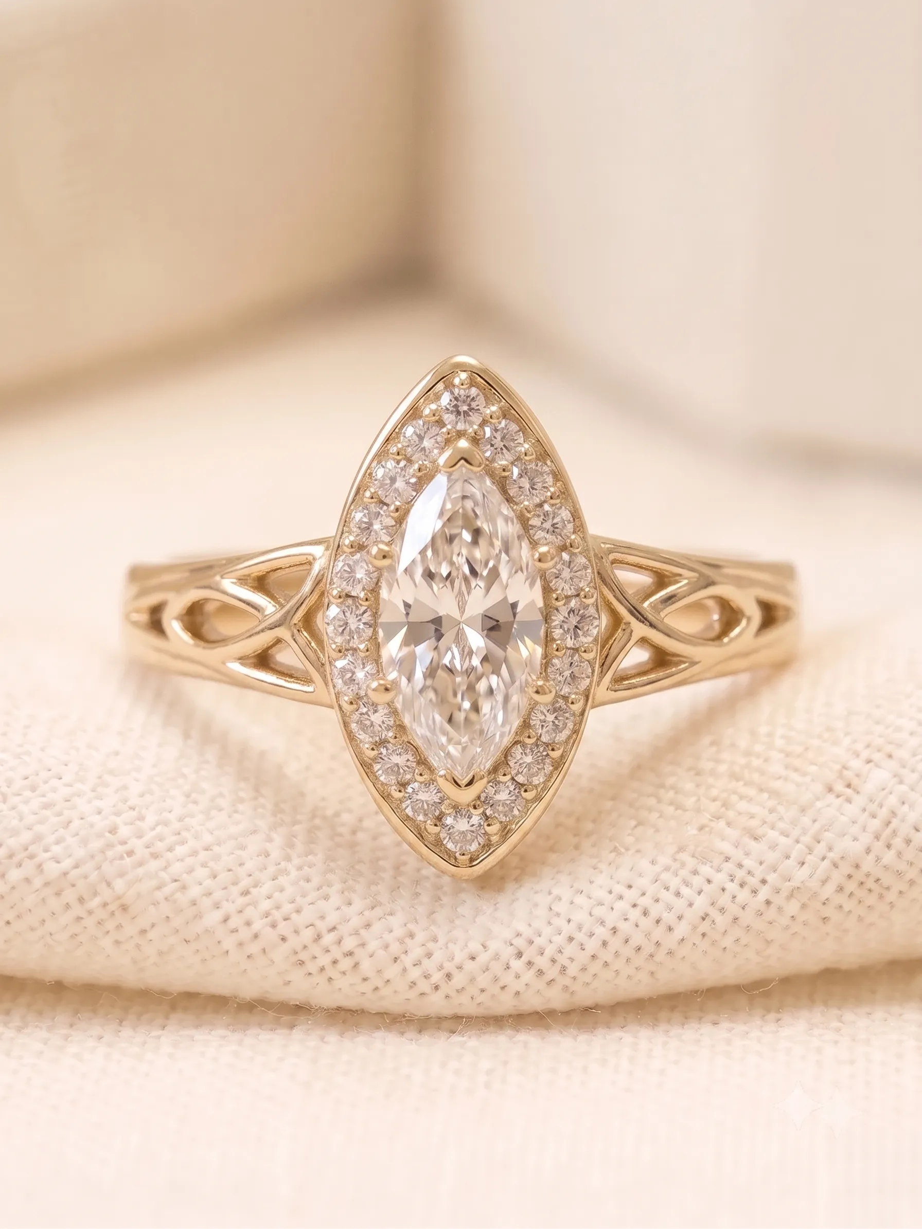 A marquise diamond ring with a halo of smaller diamonds set in a gold band with intricate detailing.