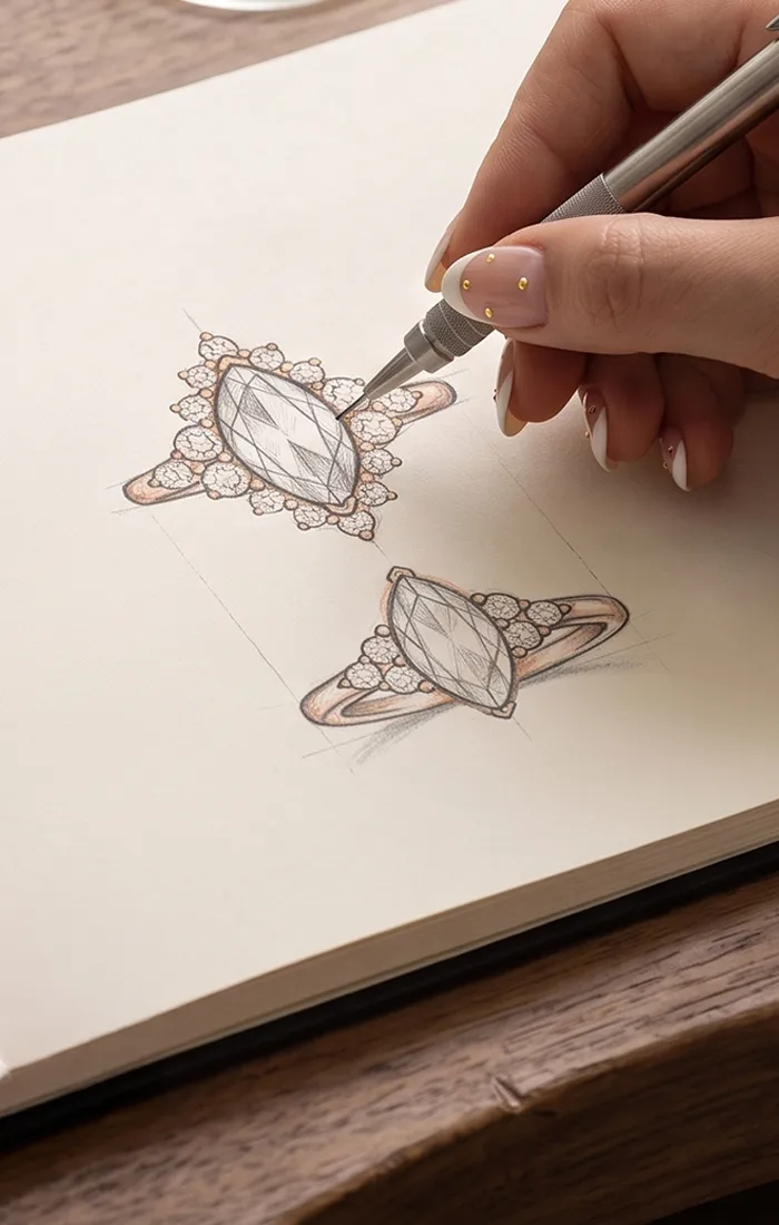 A hand sketching a detailed ring design with a pencil on paper.