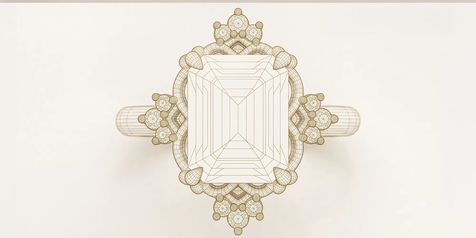 A detailed CAD design of an ornate ring with a large rectangular gemstone and intricate patterns.
