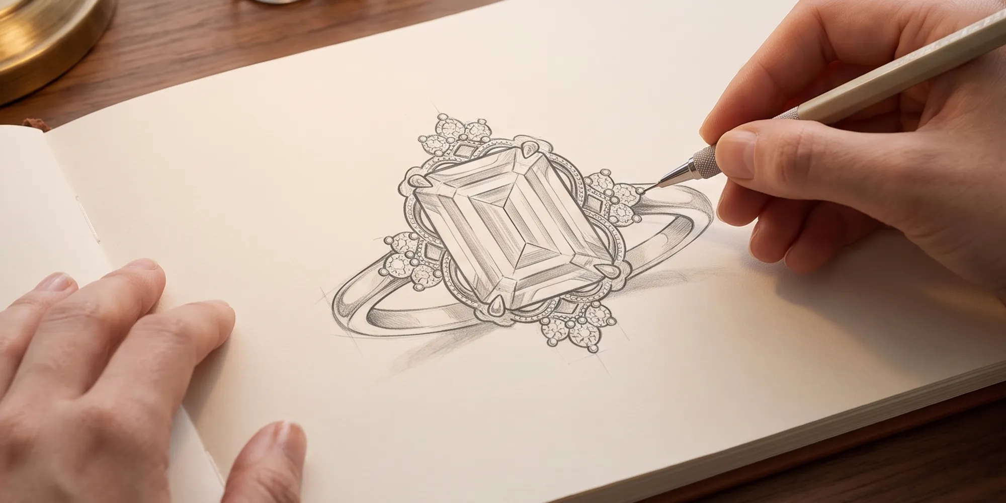 A hand sketching an intricate diamond ring design on paper.