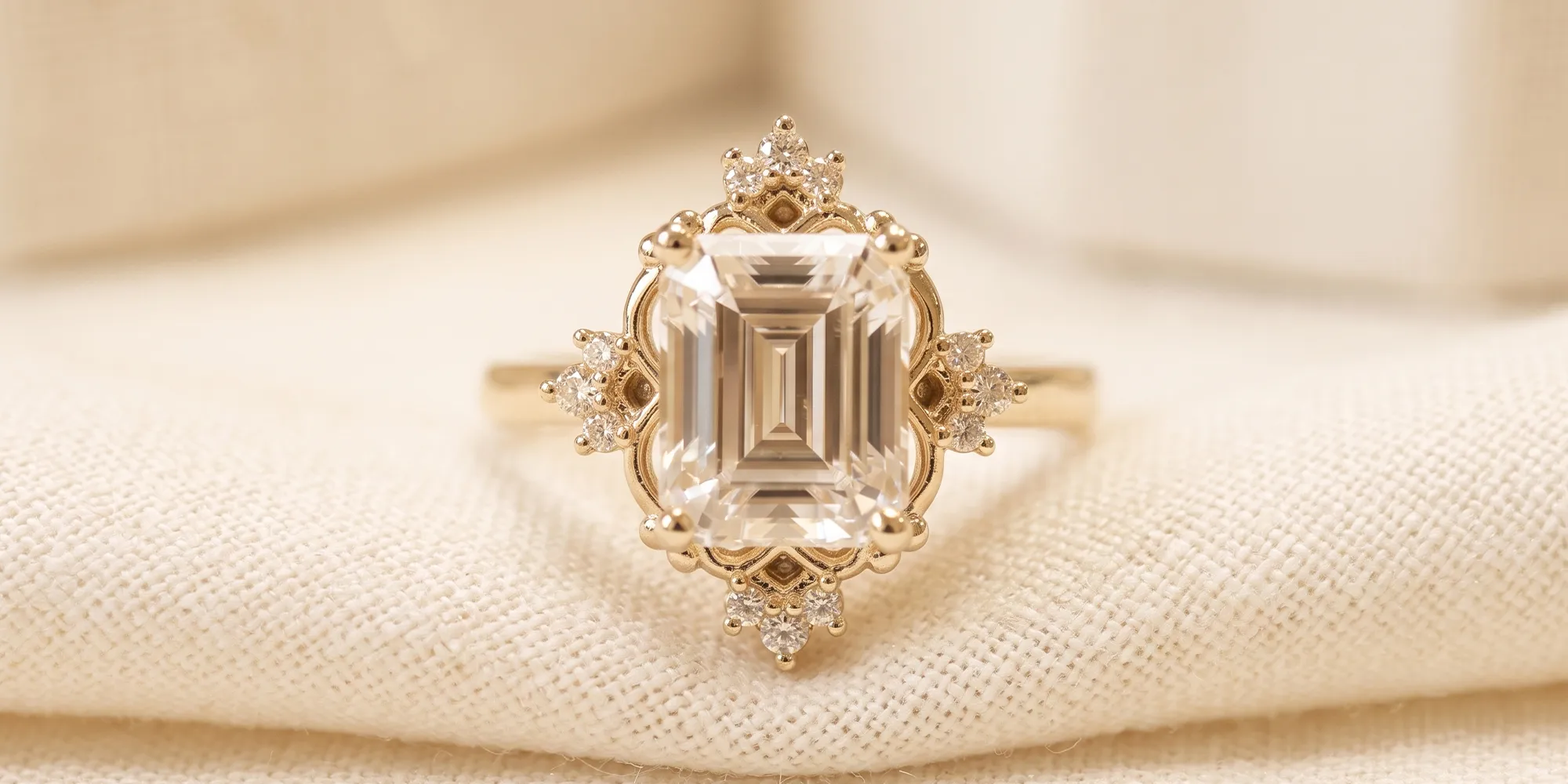 An ornate gold ring with a large emerald-cut gemstone and small diamonds on a fabric background.