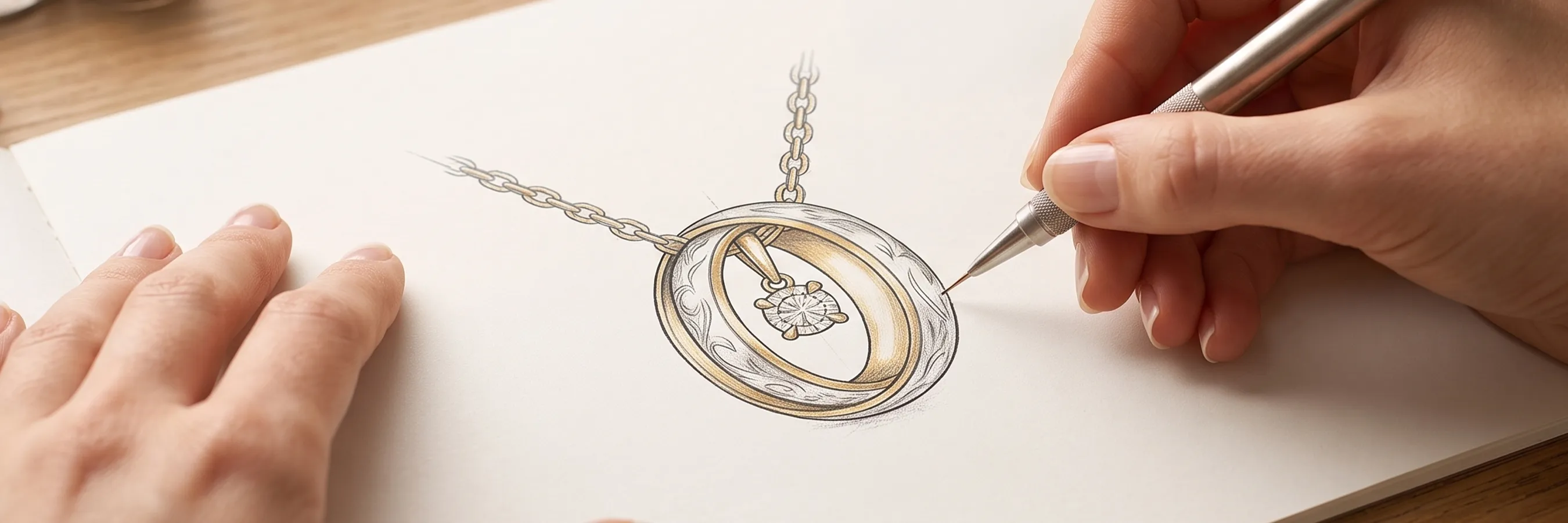 A hand sketching a detailed pendant design with a chain and gemstone.