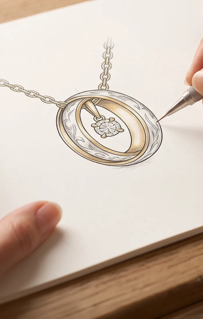 A hand sketching a detailed pendant design with a chain and gemstone.