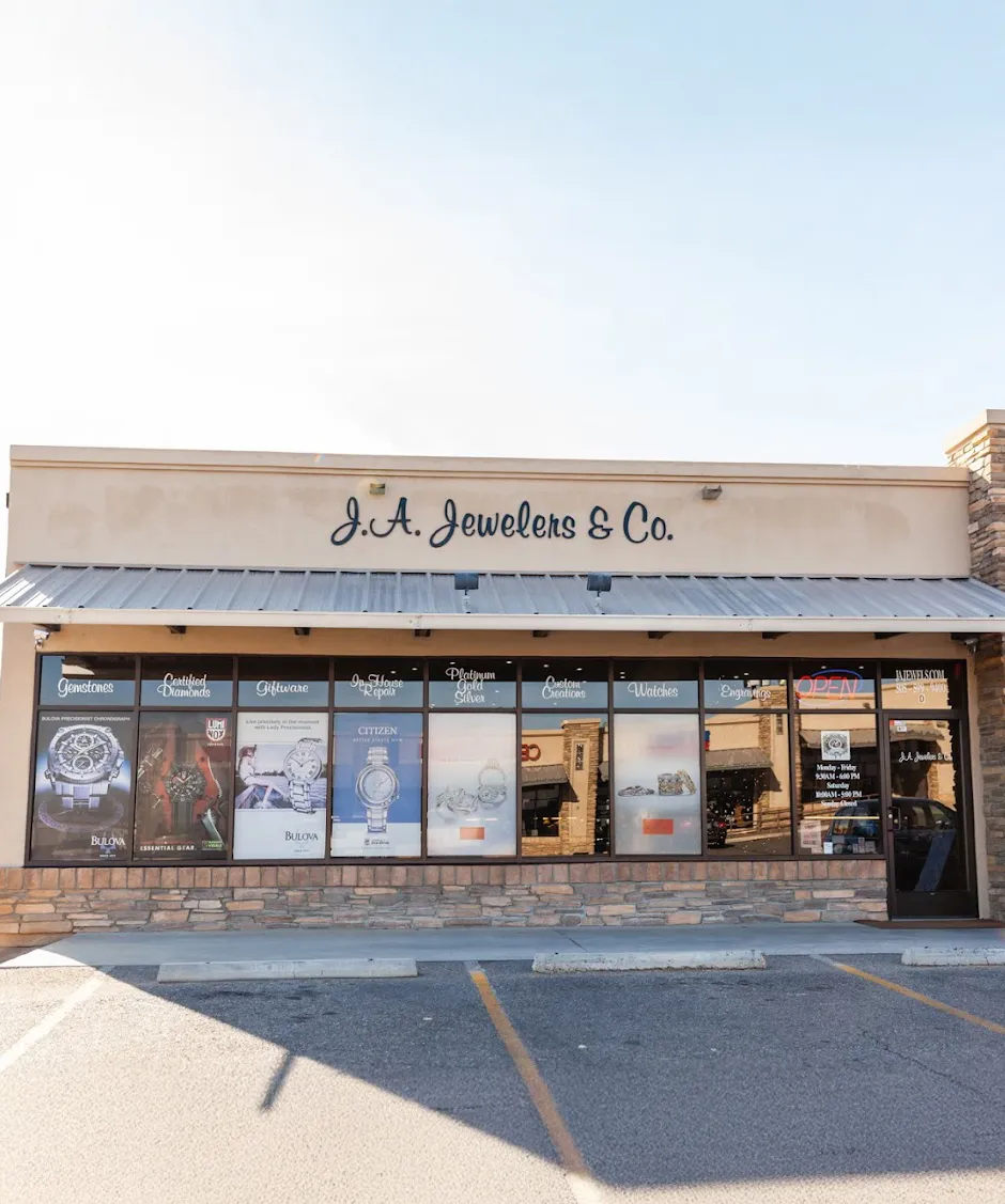 J.A. Jewelers & Co. storefront in Farmington, showcasing jewelry and watches with an 