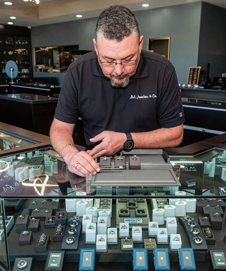 Jeweler examining rings in a display case at J.A. Jewelers & Company, Farmington.