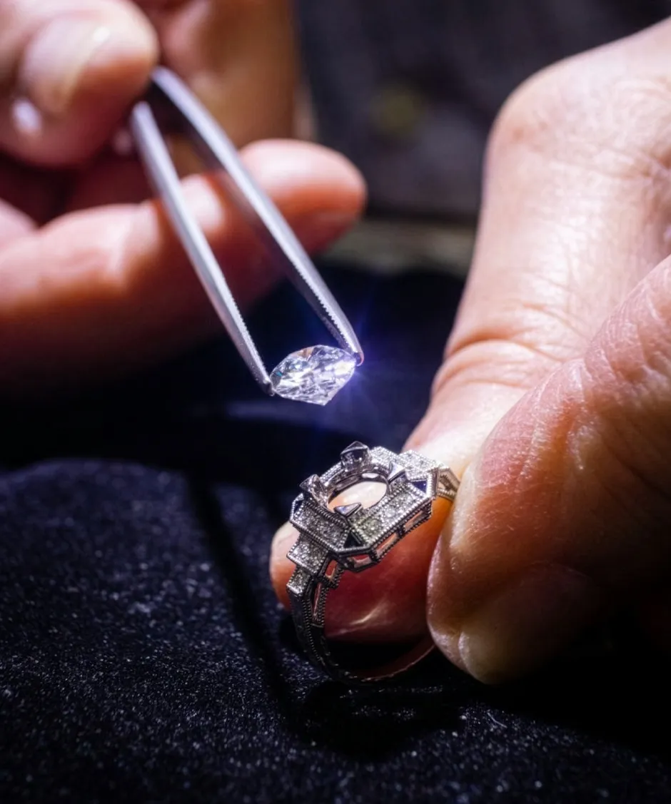 A jeweler holds a diamond with tweezers above an intricate ring setting, showcasing fine craftsmanship.