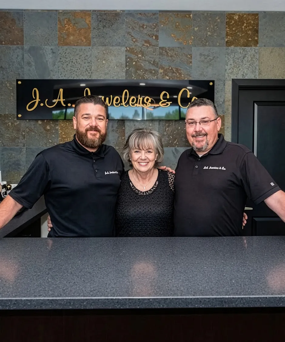 Three staff members of J.A. Jewelers & Co. pose together at the store's counter, smiling warmly.