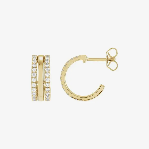 Gold hoop earrings with two rows of small diamonds and a post back.