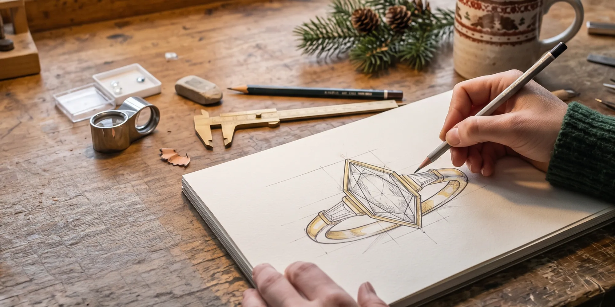 A person sketches a diamond ring design on paper at a wooden desk with drawing tools and a mug nearby.