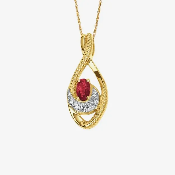 Gold pendant necklace featuring a red gemstone and diamonds, available at J. Anthony Jewelers. Click to shop pendants & necklace