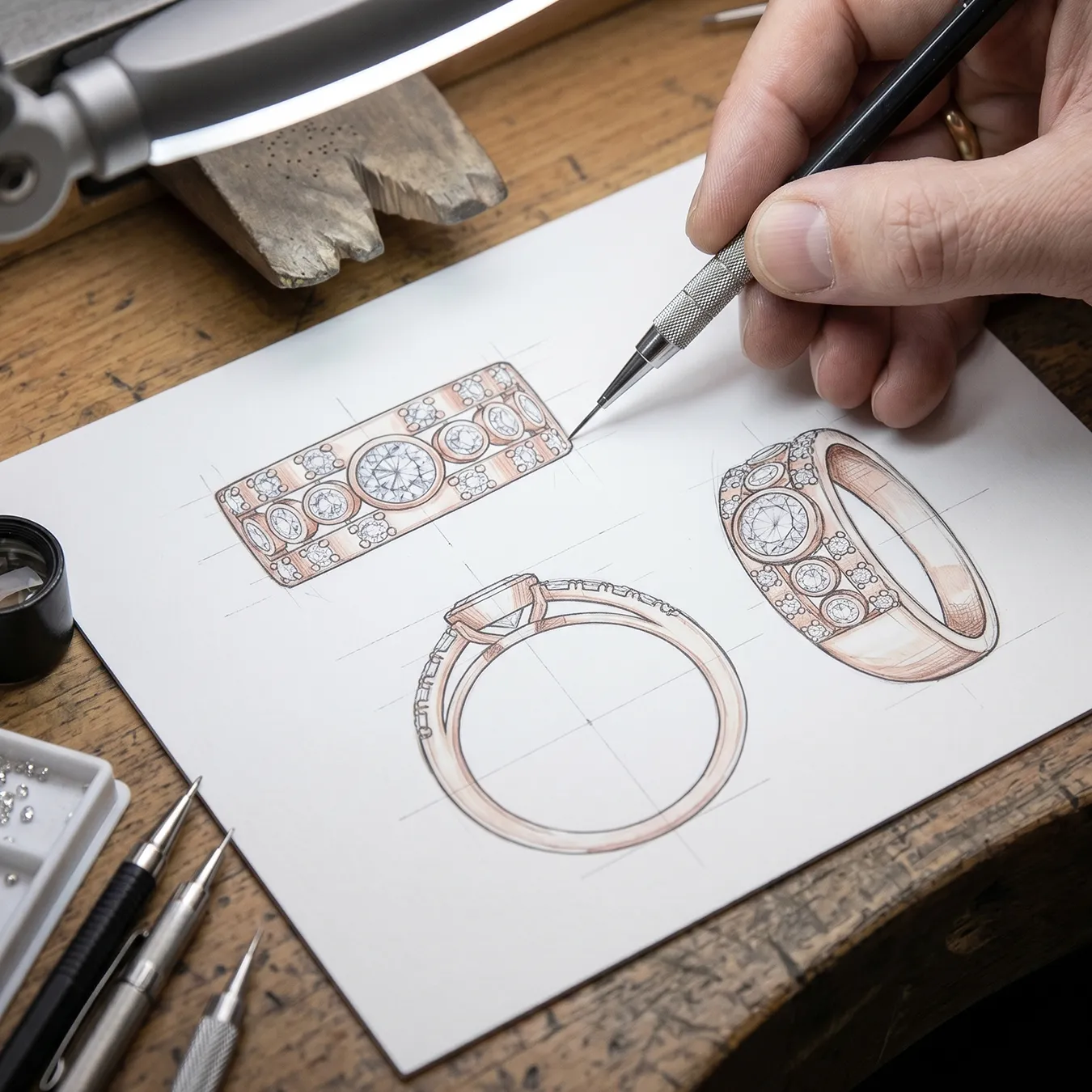 Hand sketching intricate ring designs on paper at a jeweler's workbench.