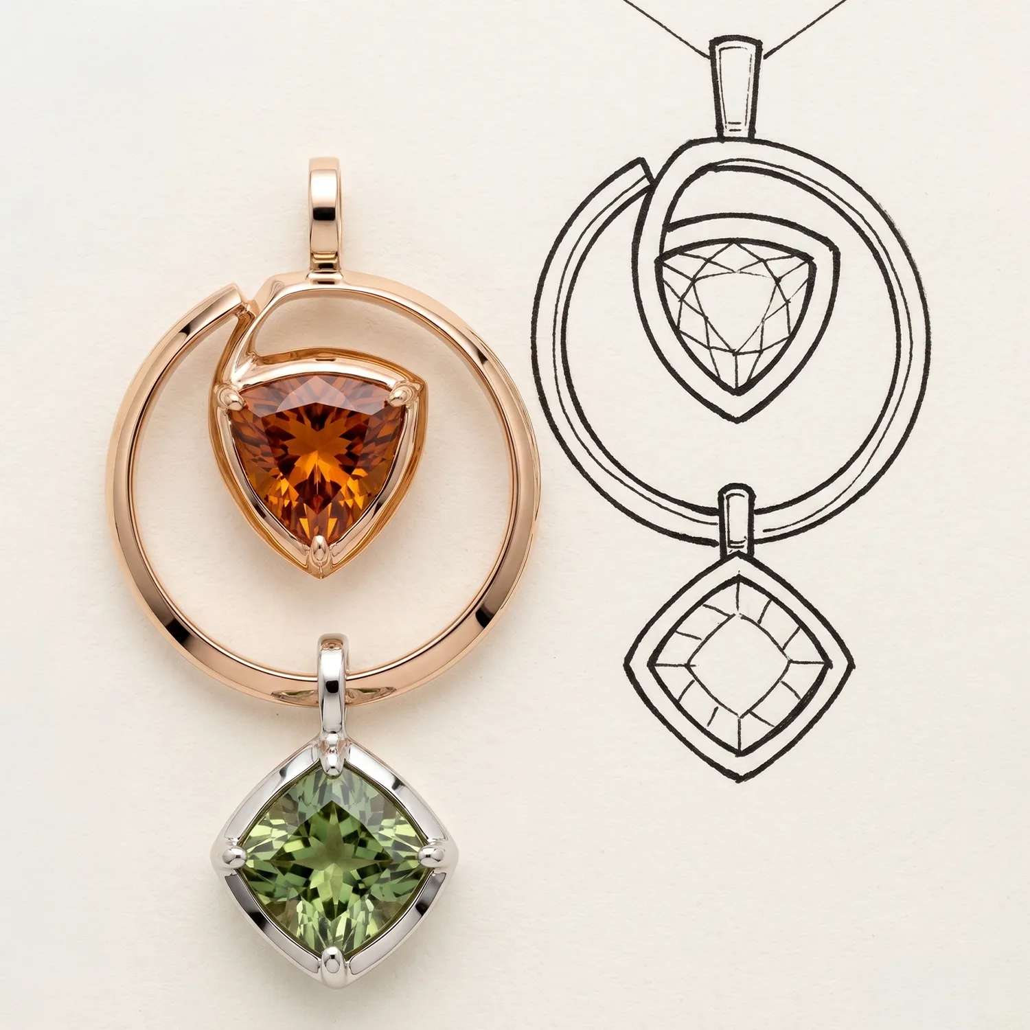Pendant with orange and green gemstones beside its sketch design.