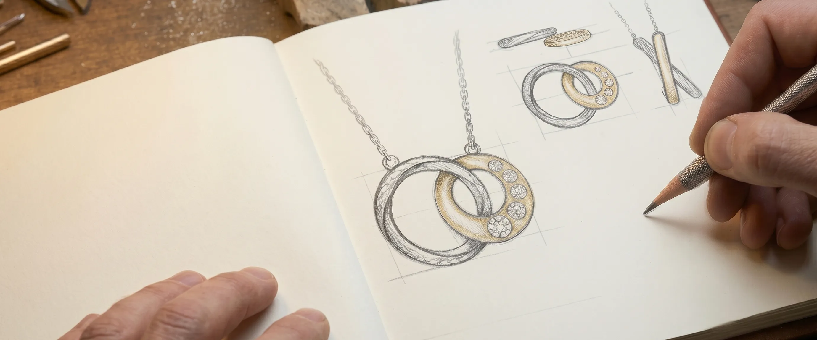 Jewelry design sketchbook with a pencil drawing of a necklace.