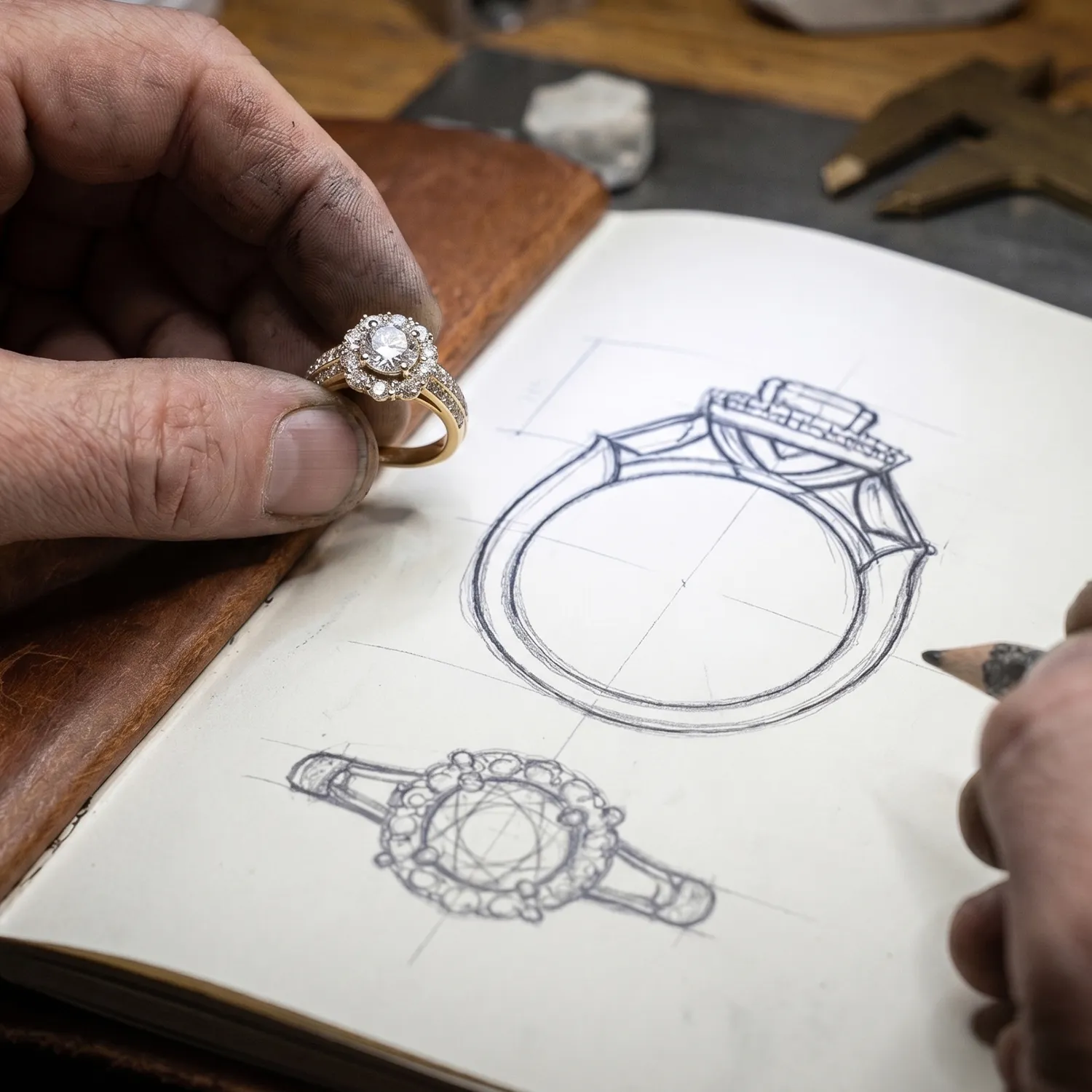 Jeweler holding a diamond ring next to a detailed sketch of the ring design on paper.