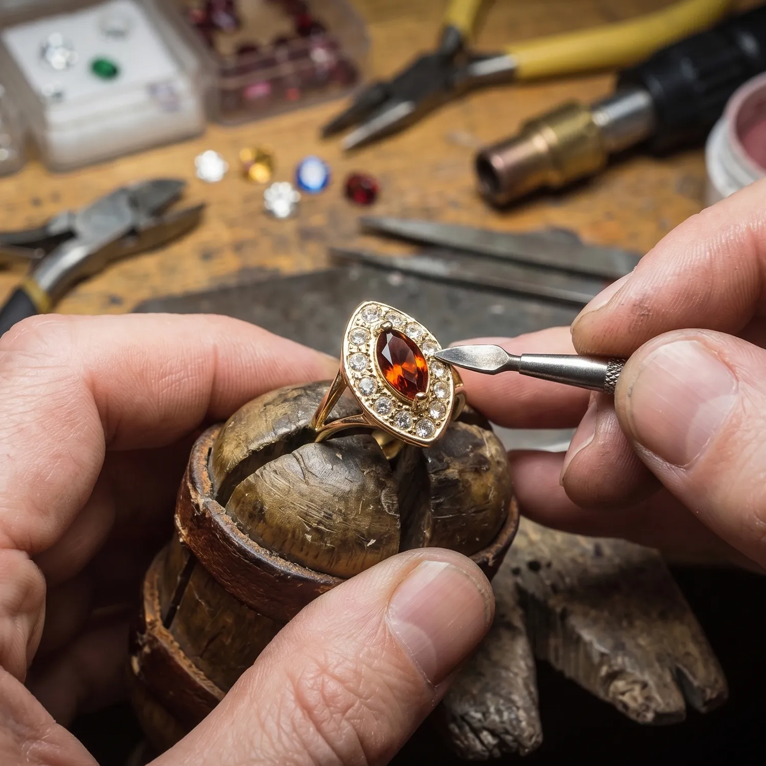 Jeweler working on a gold ring with a red gemstone at a workbench with tools.