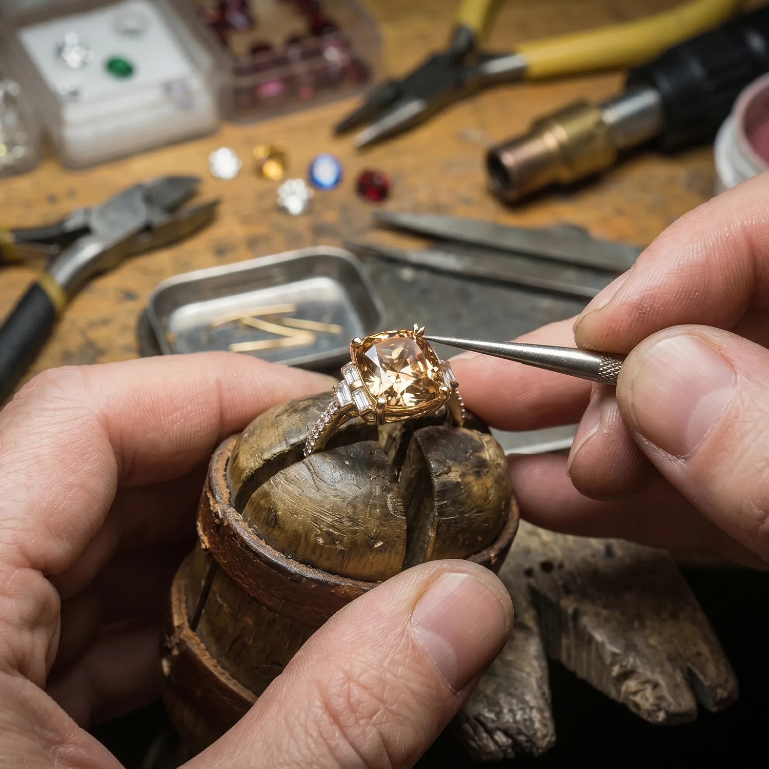 Jeweler adjusting a gemstone ring with tools on a workbench.