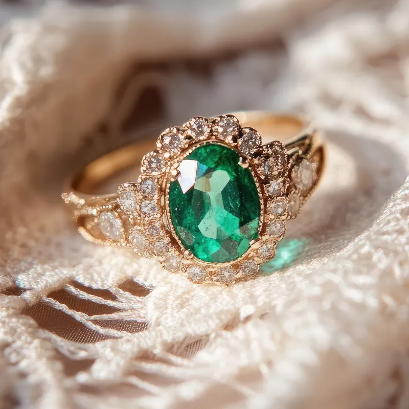 Elegant gold ring featuring a large emerald surrounded by sparkling diamonds, displayed on lace fabric.