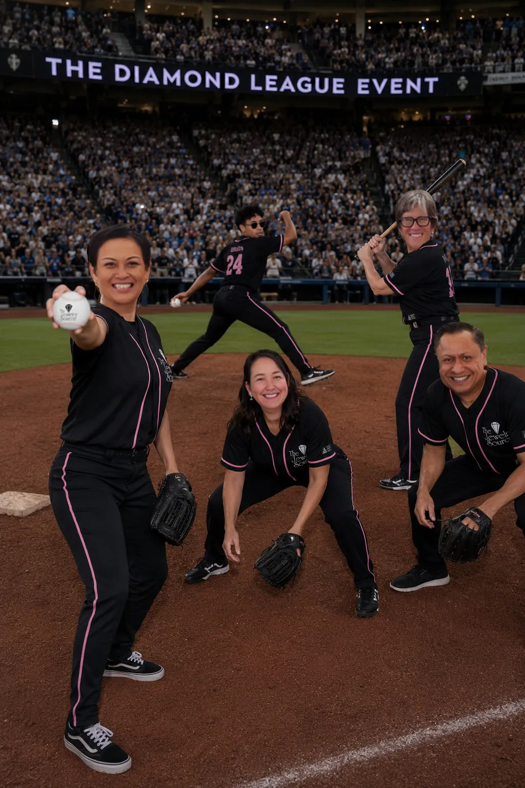 The Jewelry Source team superimposed as baseball players in a stadium full of fans with 