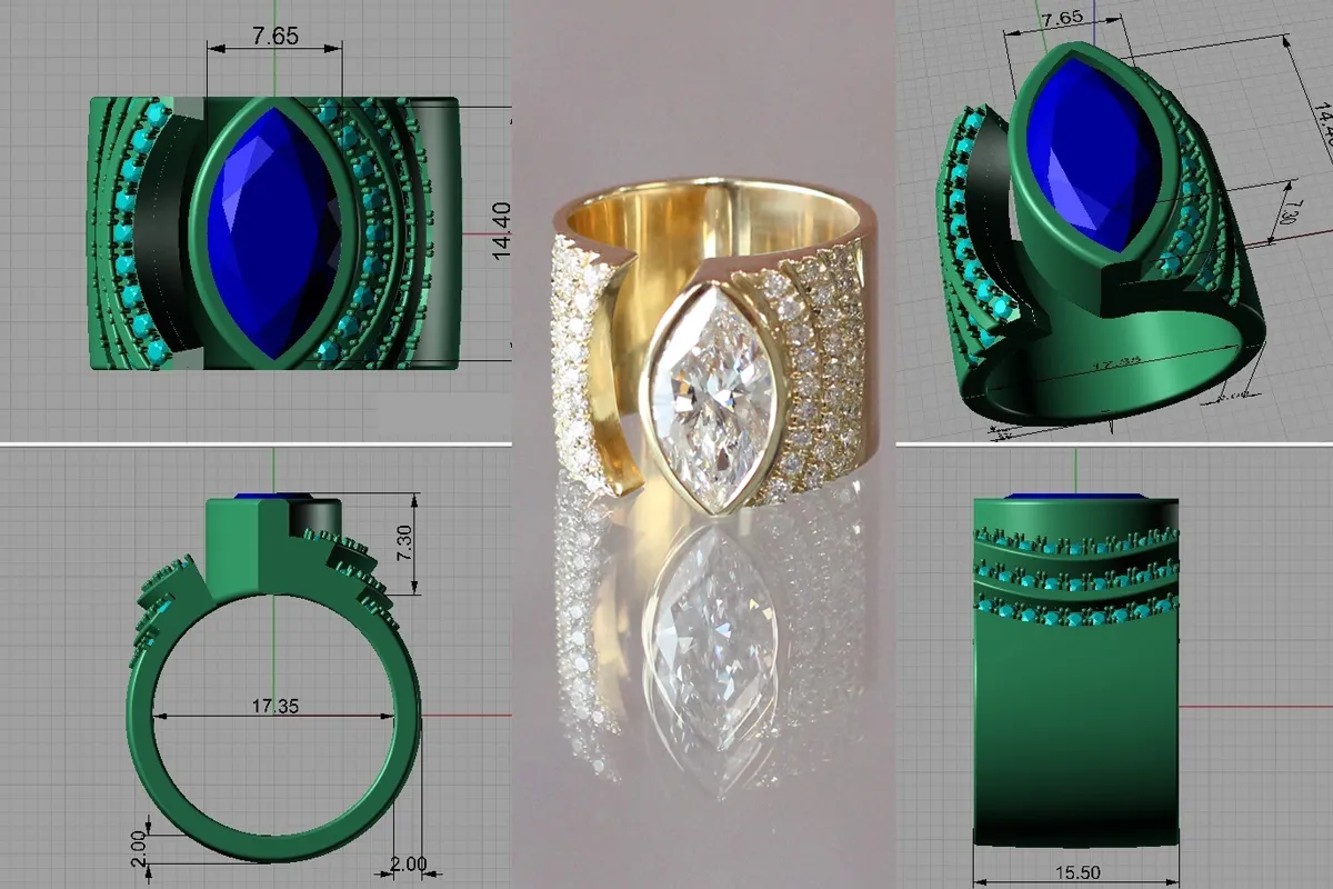 5 views of a 3D CAD of a bypass ring with 2 pear shaped stones and diamond accents. Design your own jewelry