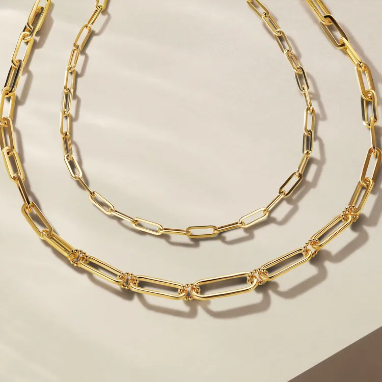 Gold chain necklaces displayed elegantly, available at Jim Kryshak Jewelers in Wausau. Explore more jewelry.