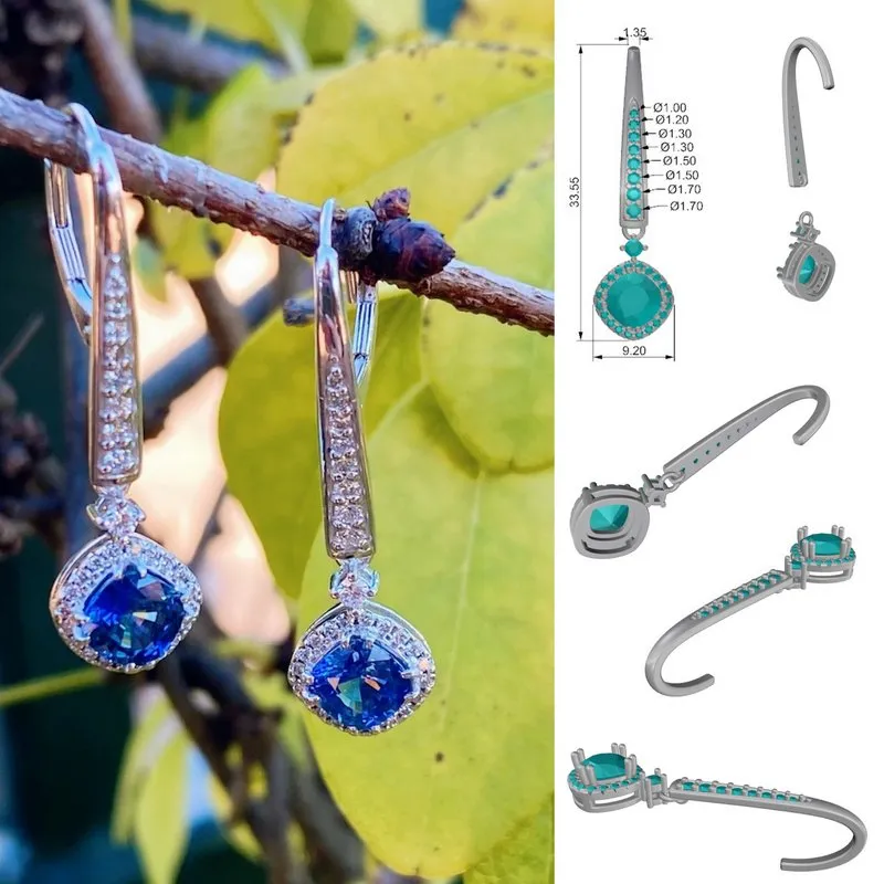 Sapphire and Diamond Custom Design Earrings from CAD Rendering to Final Design from Joint Venture Jewelry Cary, NC