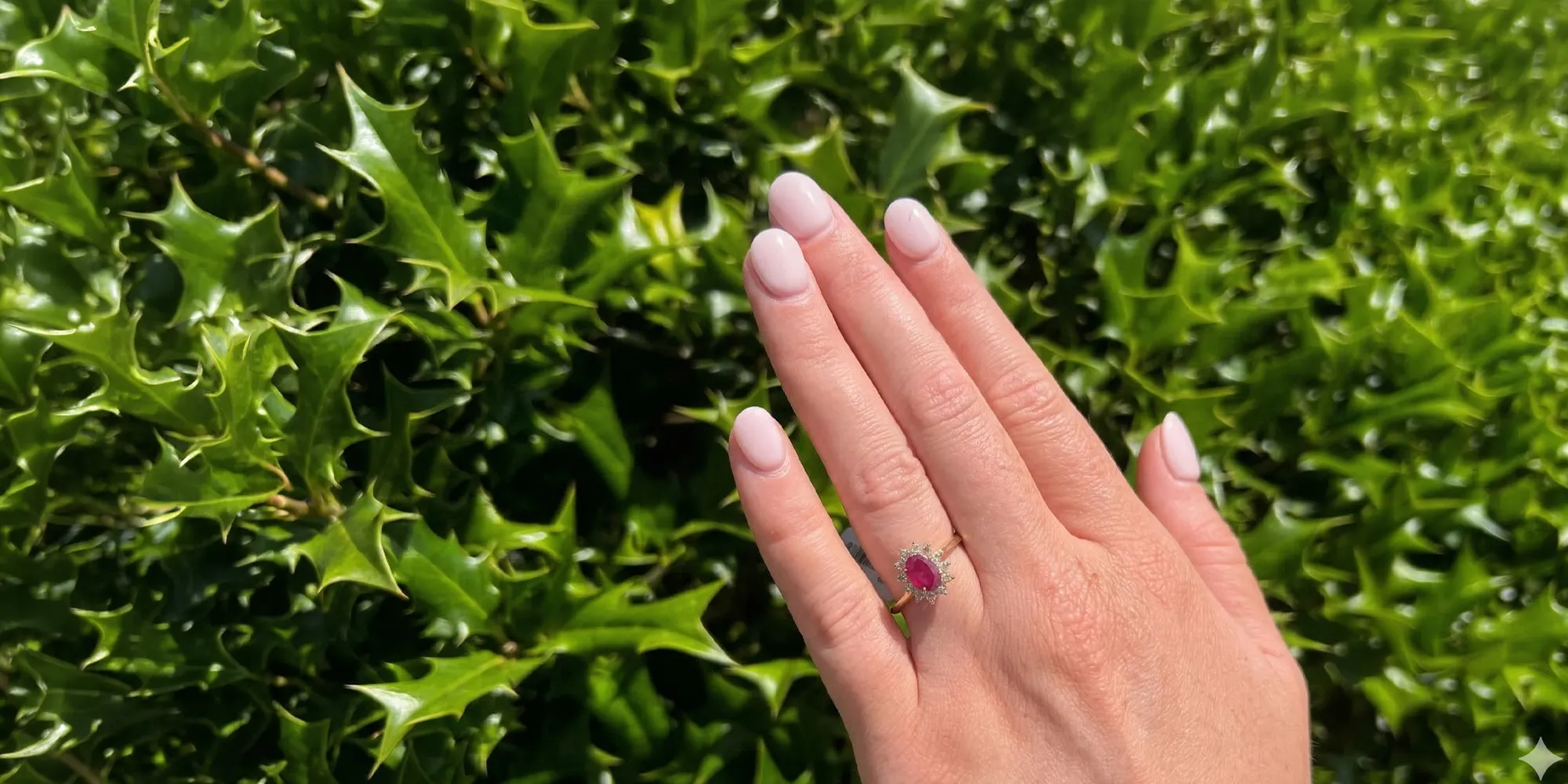 Hand with pink nails and a ruby ring against green holly leaves.