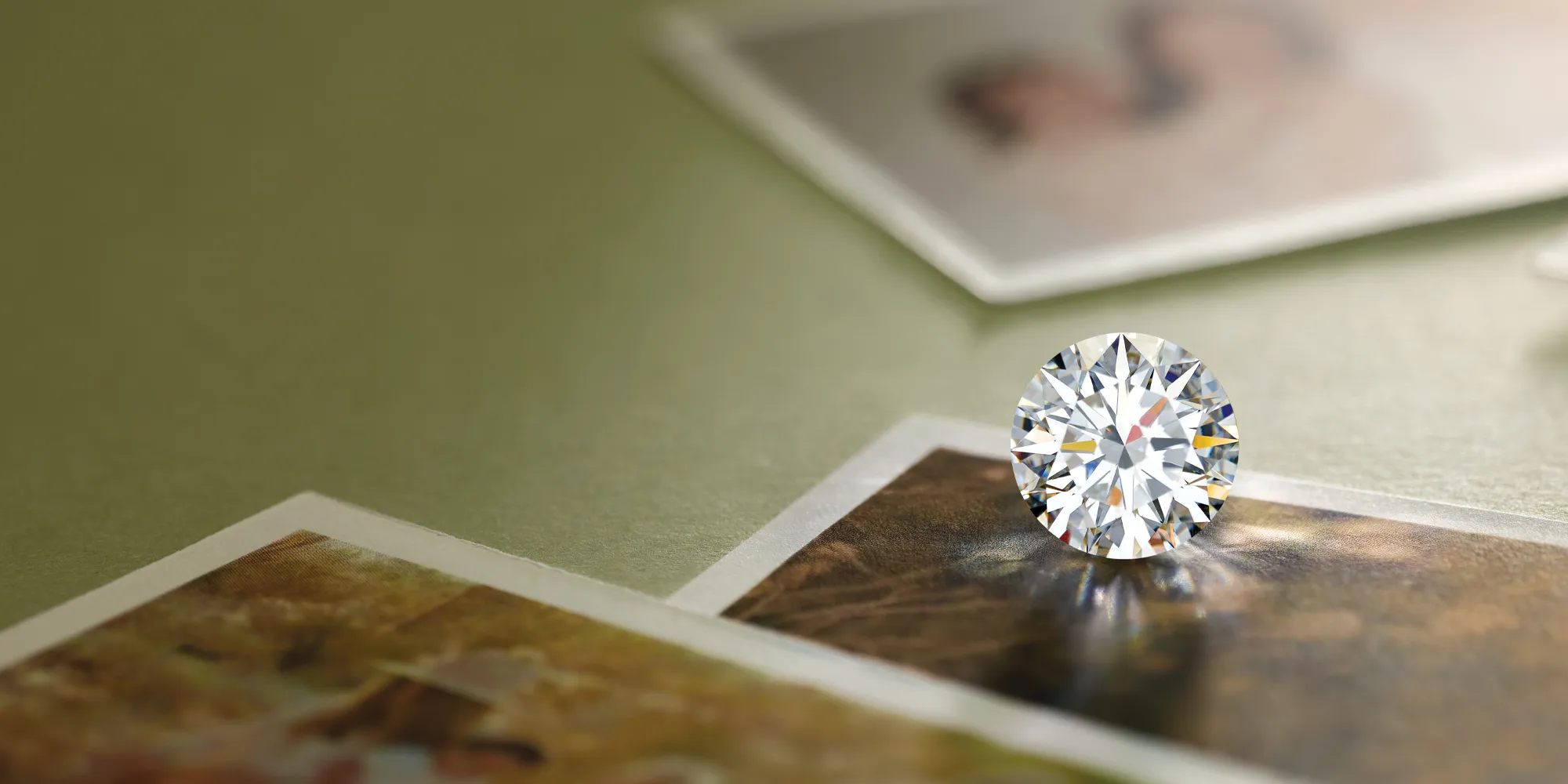 A sparkling diamond rests on photographs against a green background.