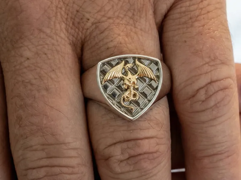 A hand wearing a ring with a gold dragon emblem on a textured silver shield.