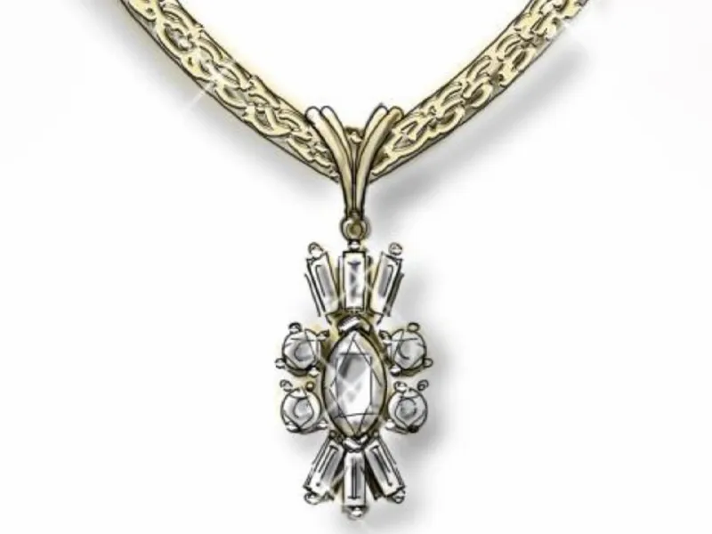 Gold necklace with intricate design and a diamond-studded pendant.