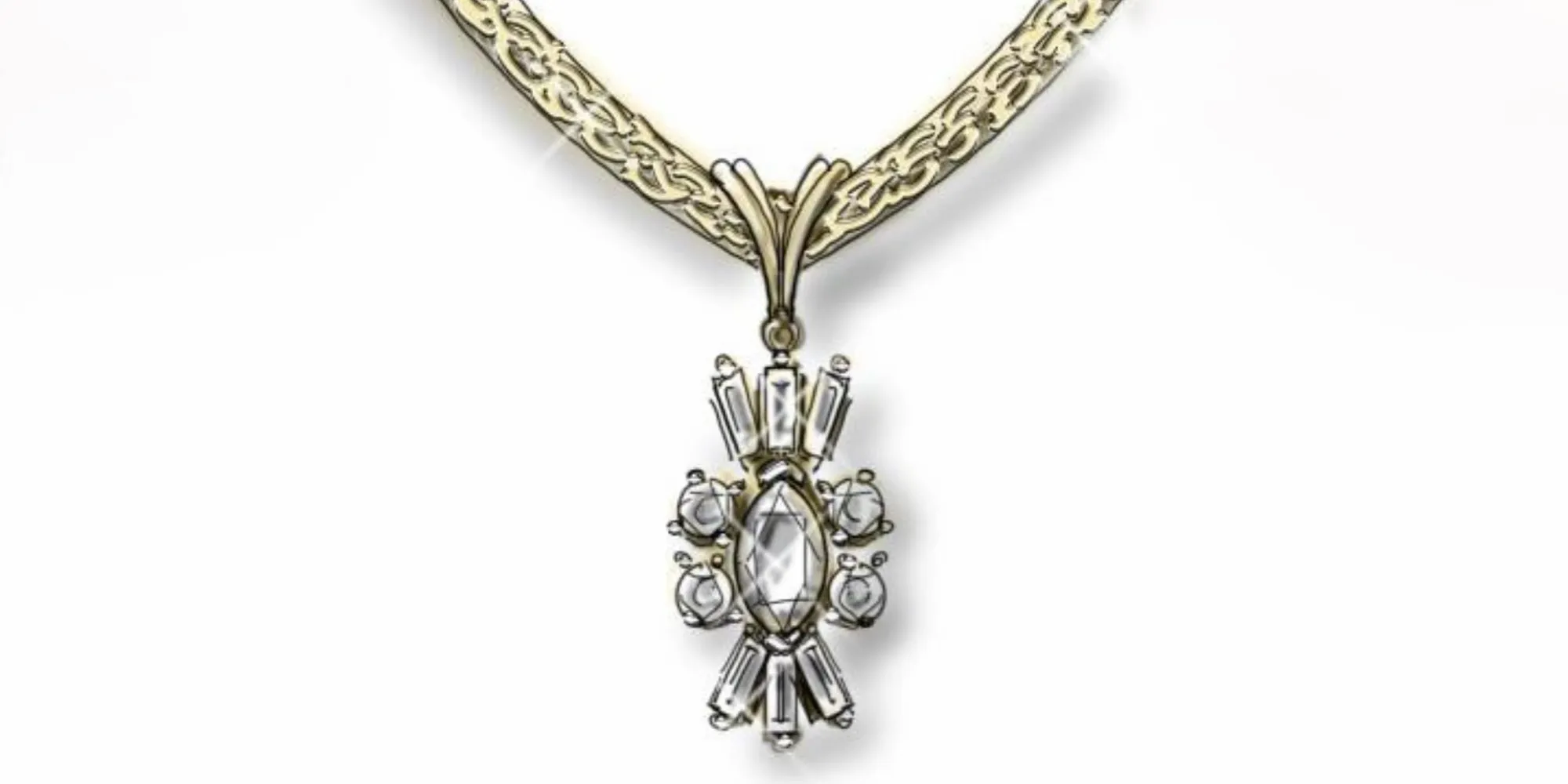 Gold necklace with intricate design and a diamond-studded pendant.