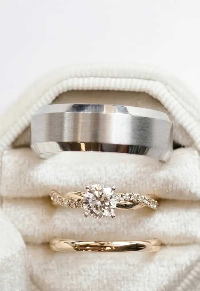 Three rings in a white velvet box: silver band, diamond engagement ring, and gold band.