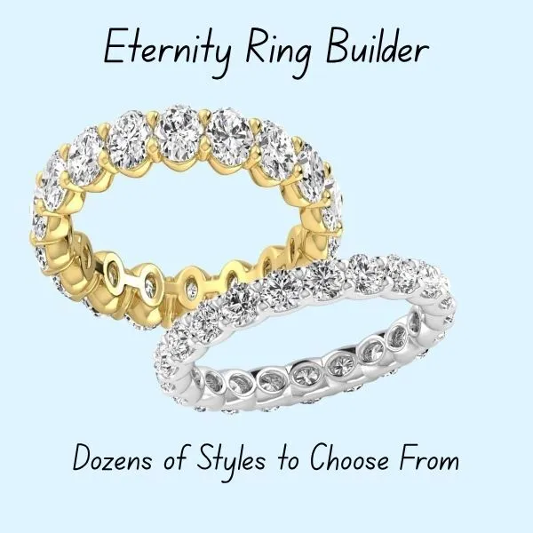 Eternity ring builder showcasing gold and silver rings with diamonds. Click to shop Father's Day specials at J. Thomas Jewelers.