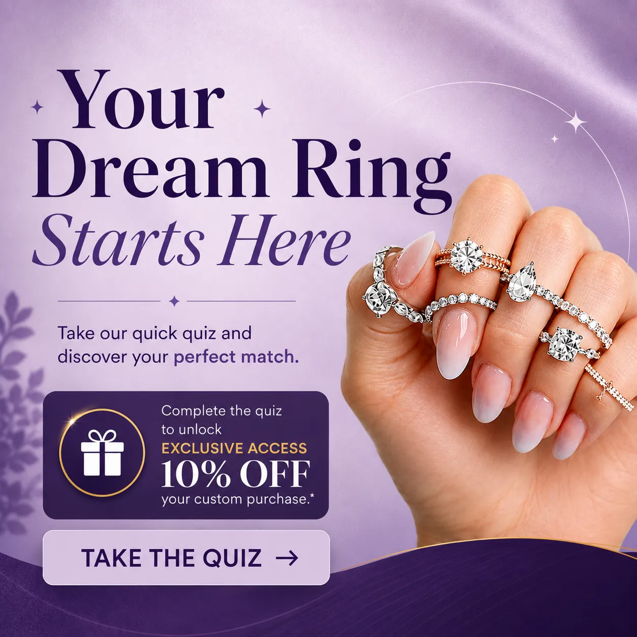 Hand holding multiple diamond rings with text promoting a quiz for a discount on custom jewelry.