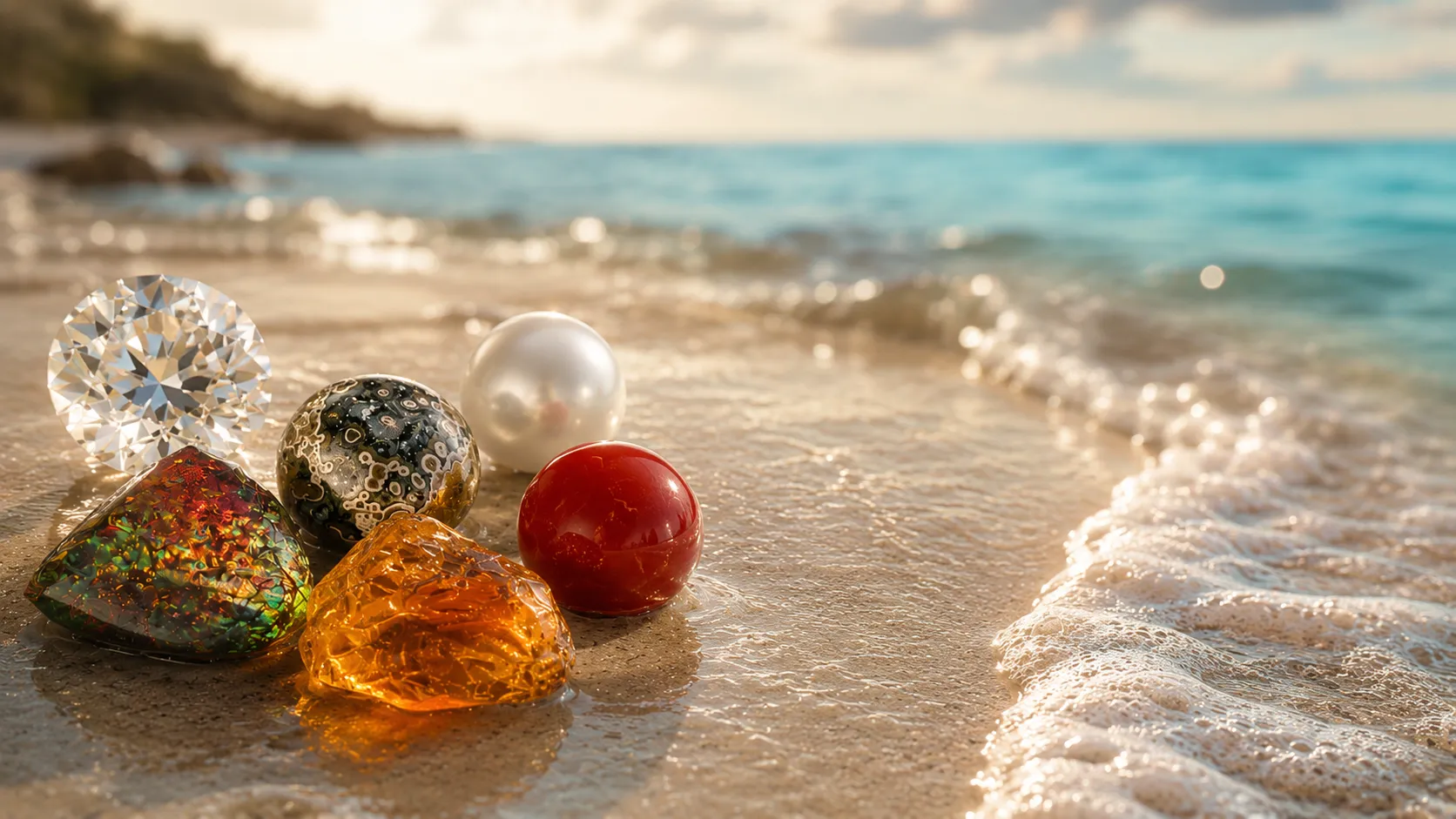 Ocean gemstones including a diamond, pearl, coral, amber and ammolite on a beach.