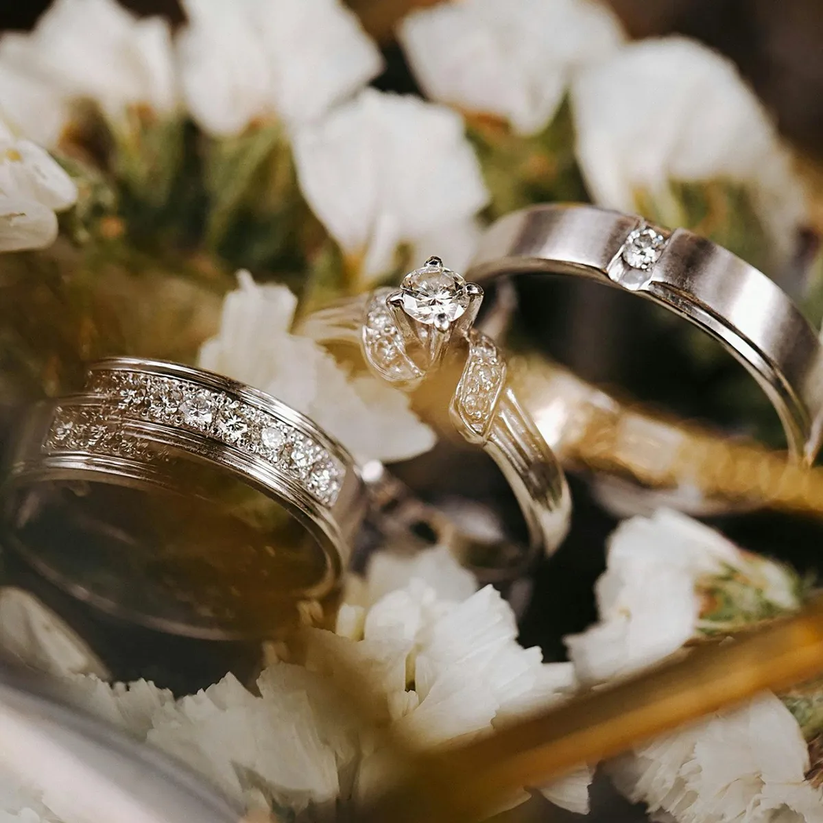 Diamond engagement and wedding rings displayed on white flowers.
