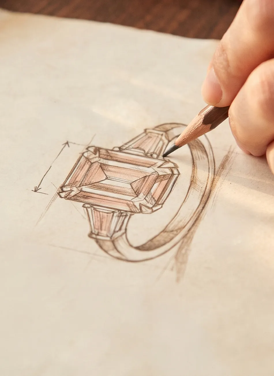 A hand sketching a detailed design of an engagement ring with a pencil.