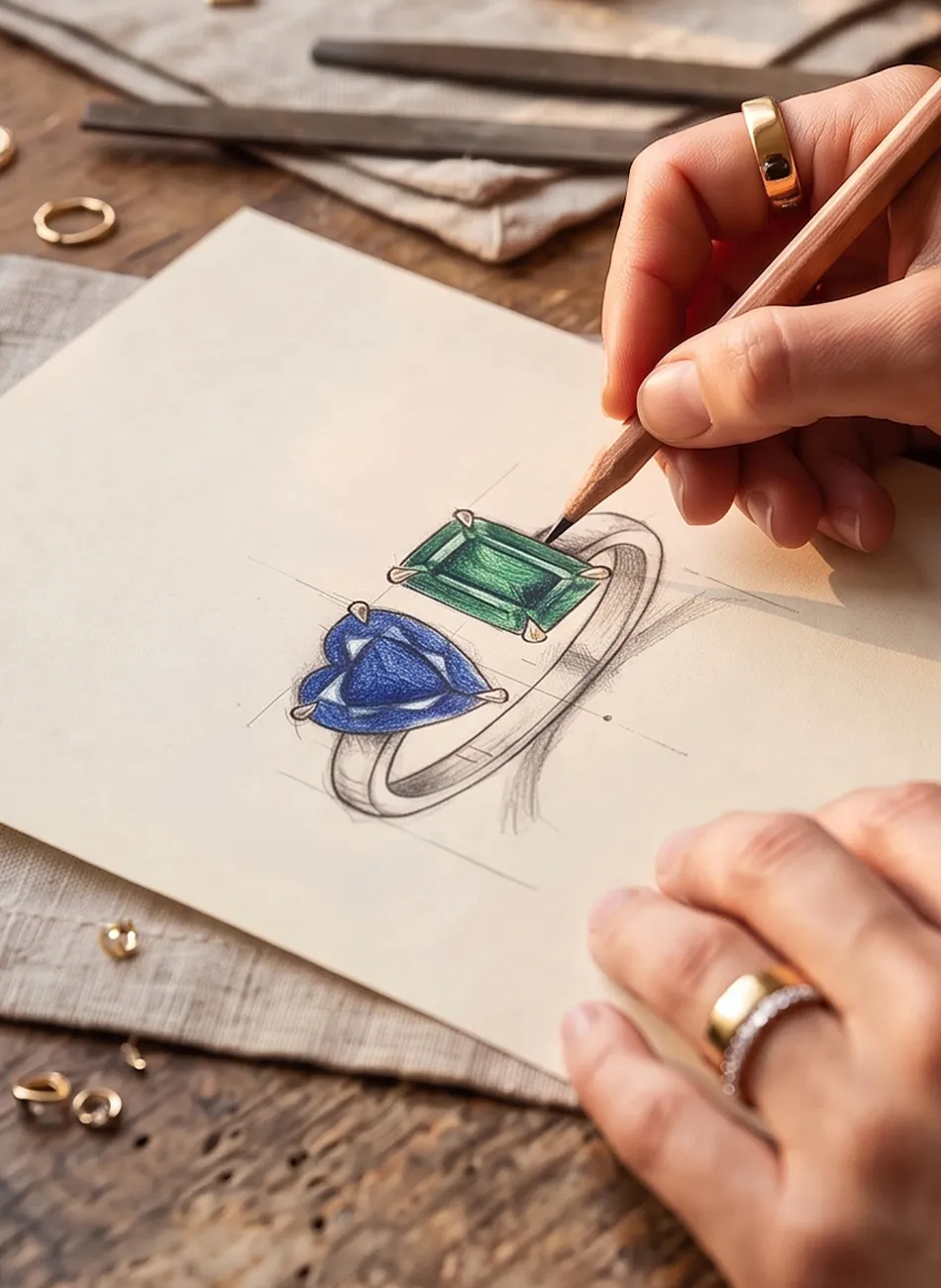 A hand sketching a ring design with green and blue gemstones on paper.