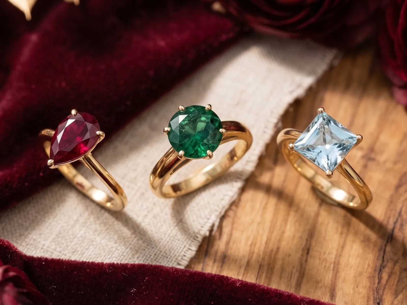 Three gold rings with red, green, and blue gemstones on a wooden surface with burgundy fabric.