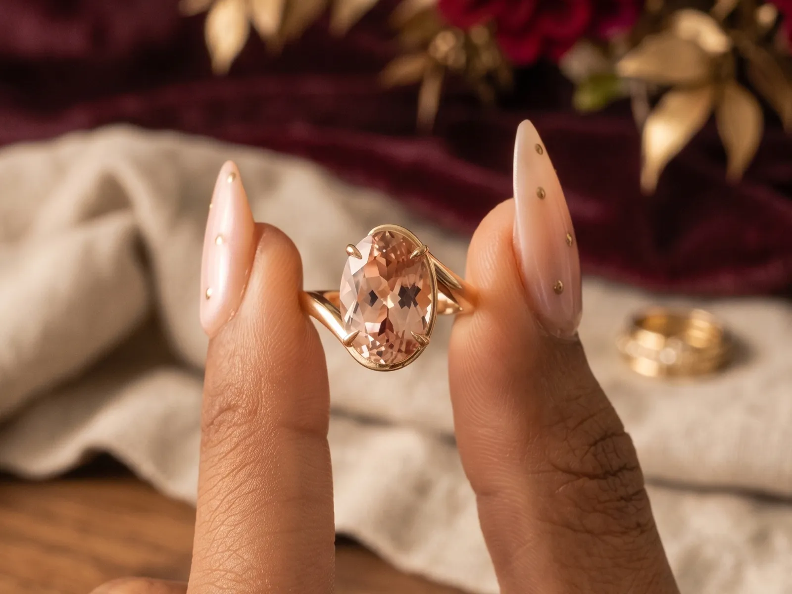 A hand holding a gold ring with a large oval gemstone, set against a soft fabric background.