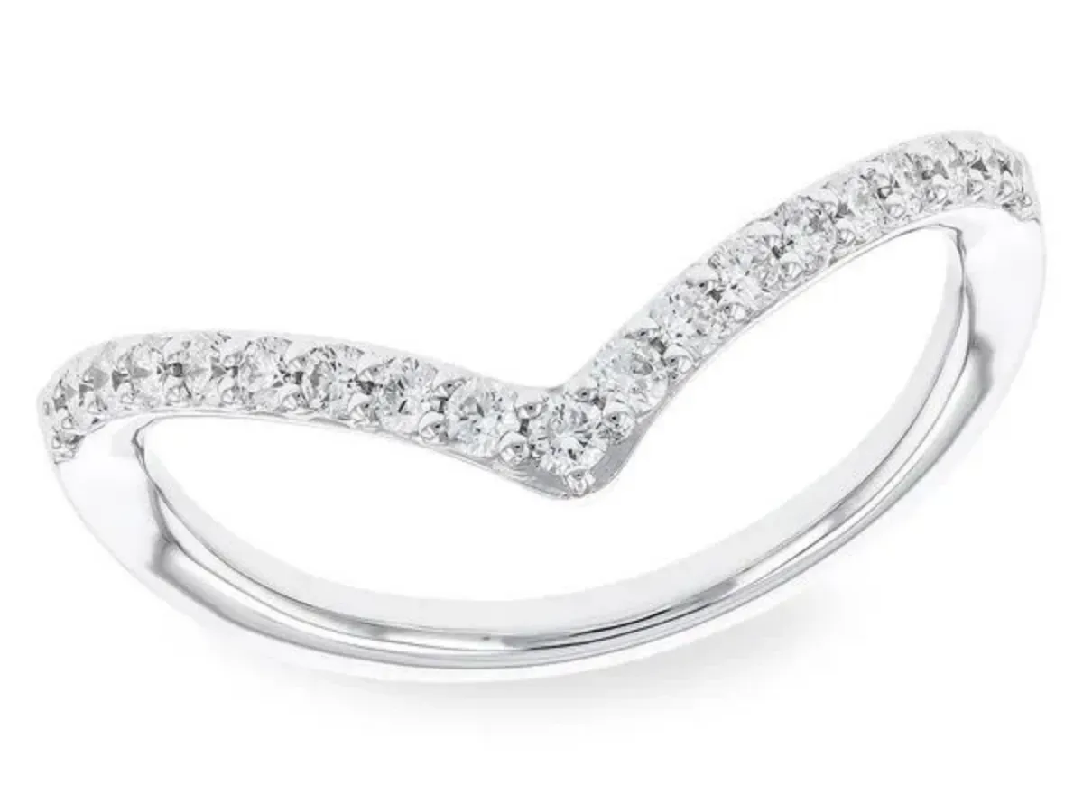 White gold curved pav&eacute; diamond wedding band ring