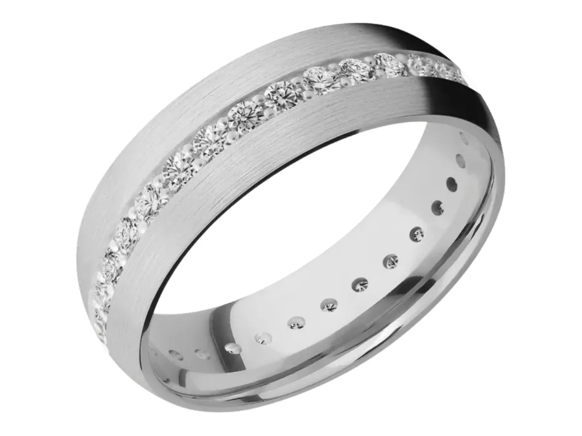 Brushed white gold diamond channel wedding band
