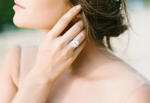 Woman wearing Vintage Inspired Engagement Ring