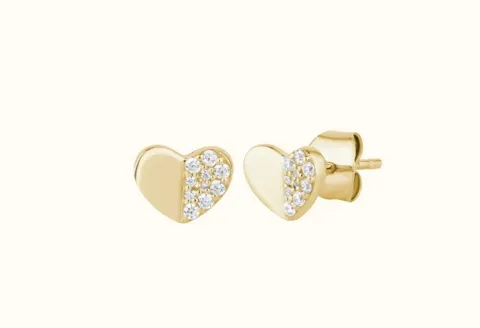 Gold heart earrings with diamond accents