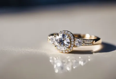 Gold engagement ring with halo diamond setting