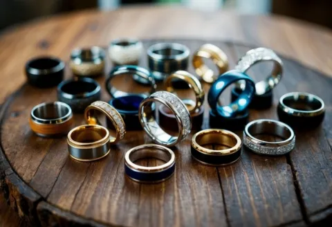 Assorted men's wedding band styles displayed